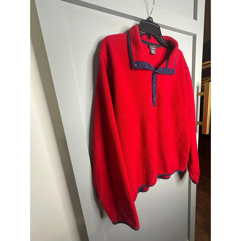 Vintage LL Bean Men's Polartec Fleece Pullover Red Navy Trim Snap Size Large